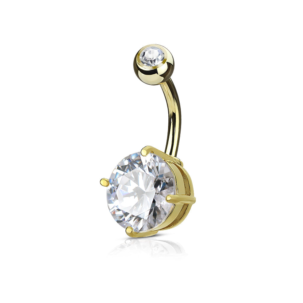Double Gemmed Solitaire  Cz Prong Set 316L Surgical Steel Navel Ring - Gold  Clear