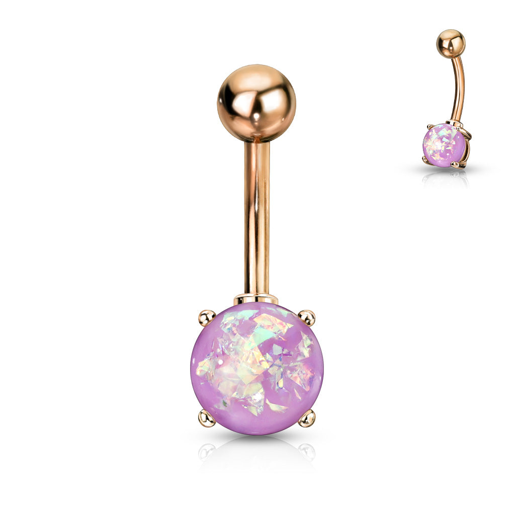 Purple Opal Glitter Prong Set Rose Gold Ip Over 316L Surgical Steel Belly Button Rings