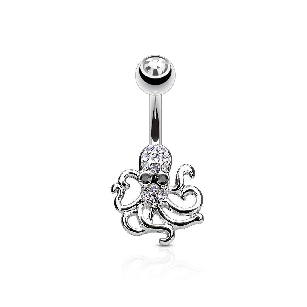 Crystal Paved Octopus Belly Button Navel Rings 316L Surgical Steel