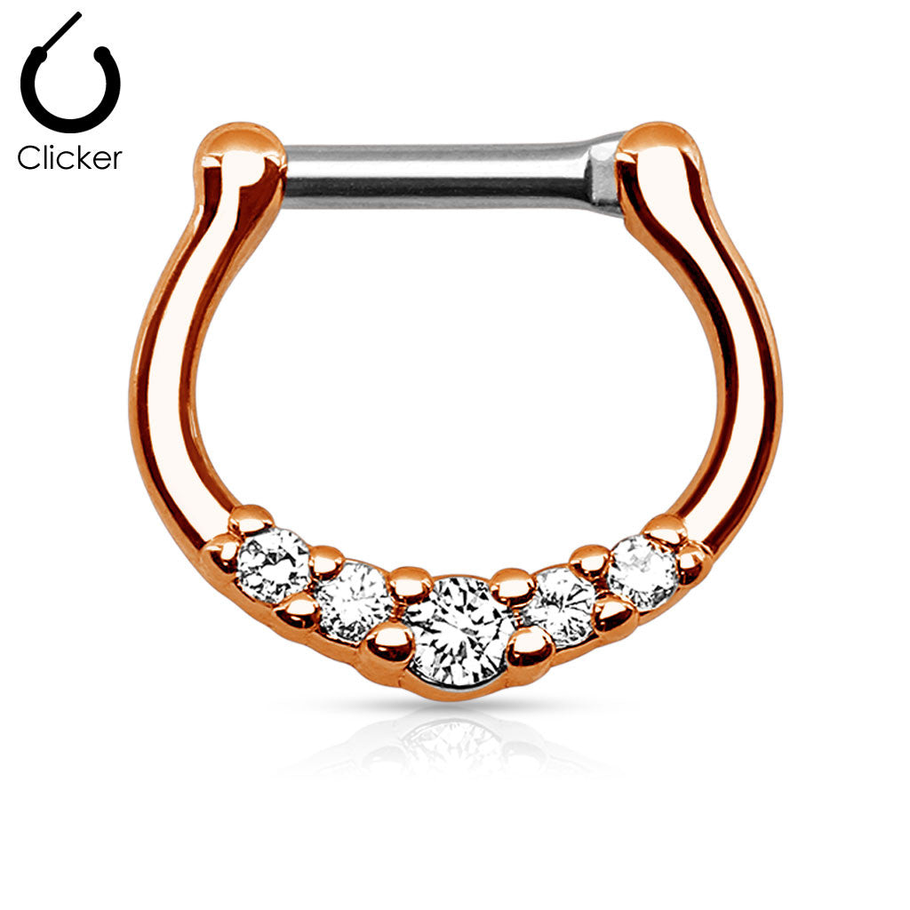 Rose Gold Clear Five-Gems 316L Surgical Steel Septum Clicker Ring
