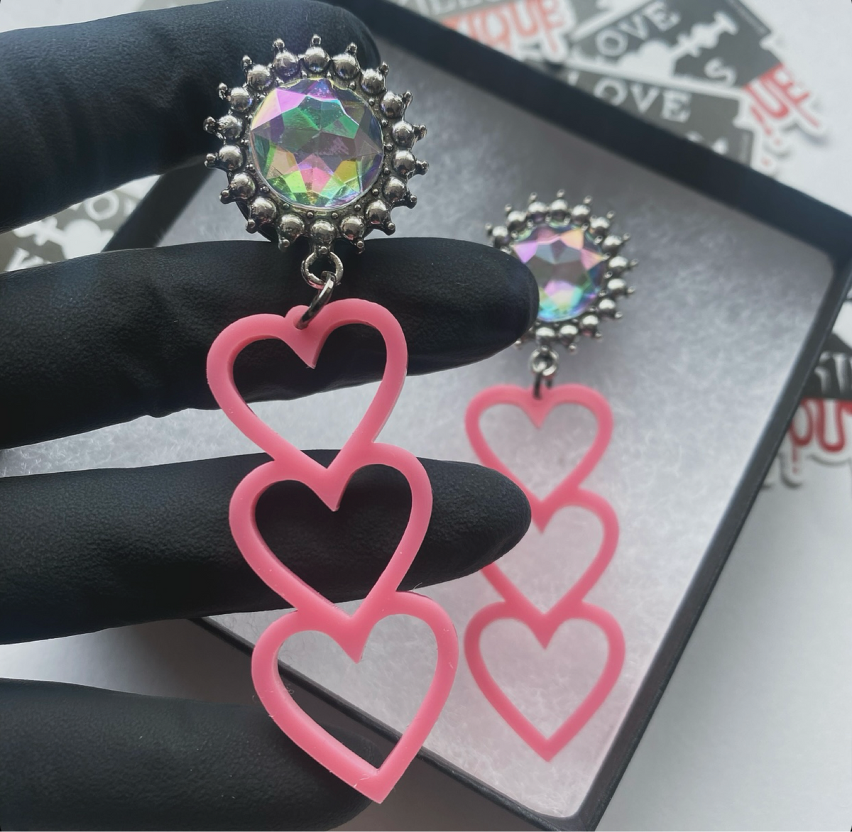 Pink Iridescent Triple Hearts Dangle Plugs