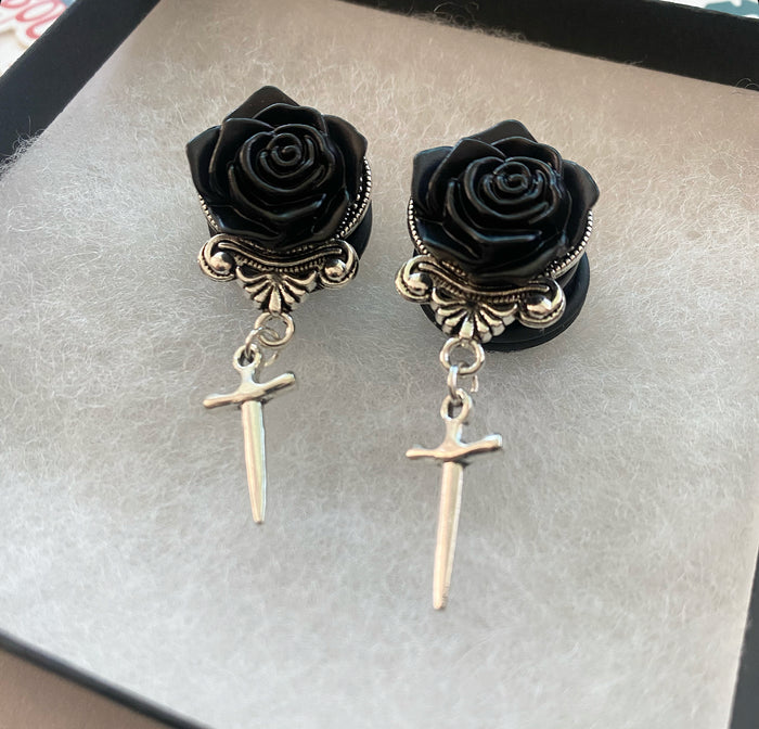 Midnight Love Dagger Rose Dangle Plugs