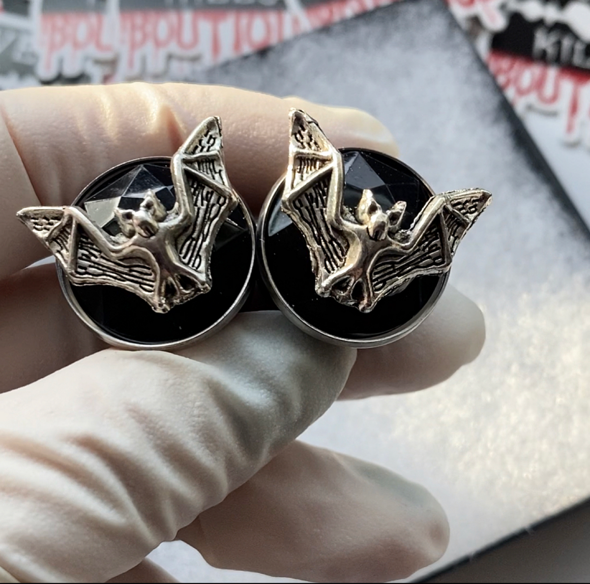 Bat Black Gem Plugs Gauges for stretched lobes 