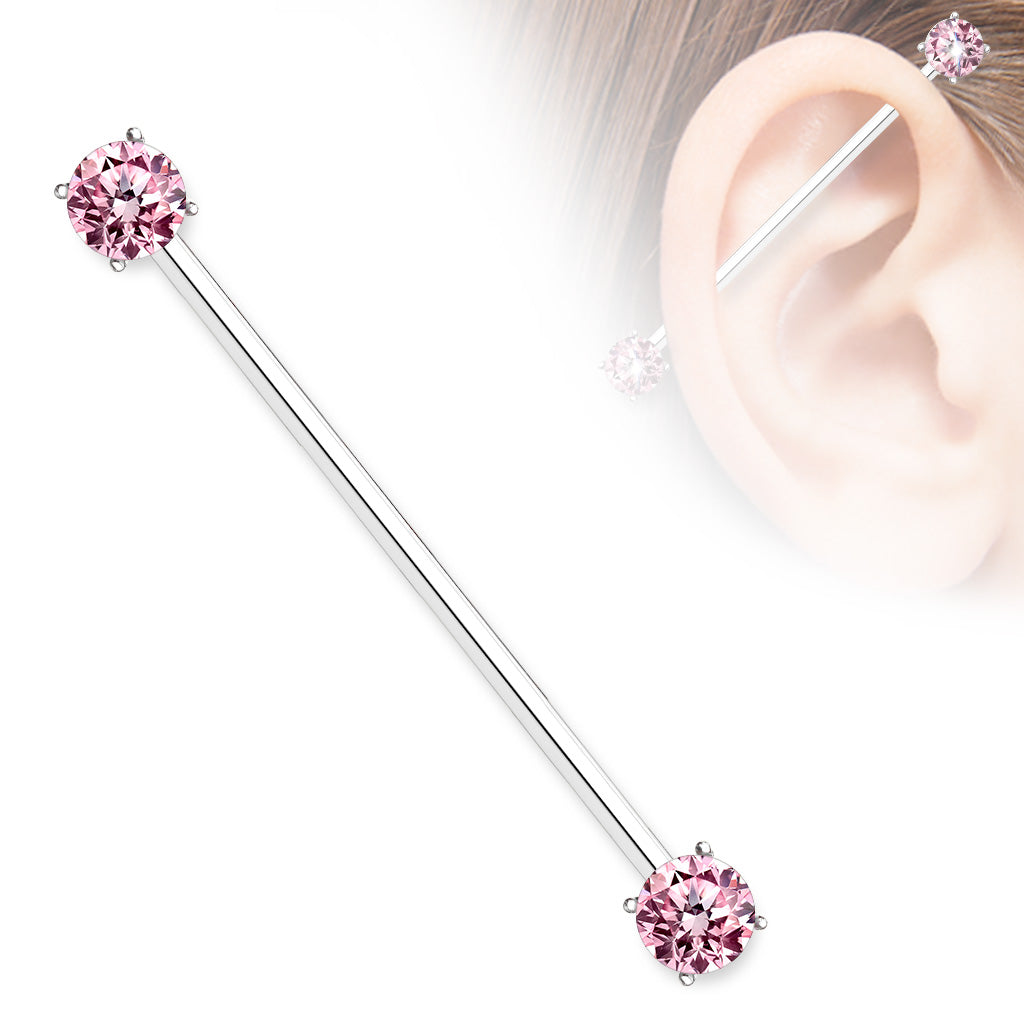Pink Round Cz Prong Set Ends 316L Surgical Steel Industrial Barbells