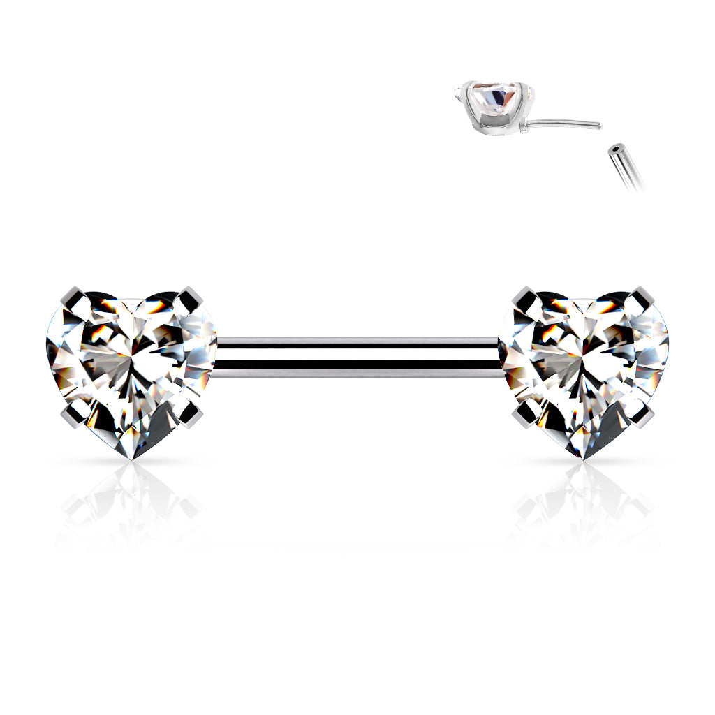 Nipple Barbell with Prong Set Heart CZ Ends
