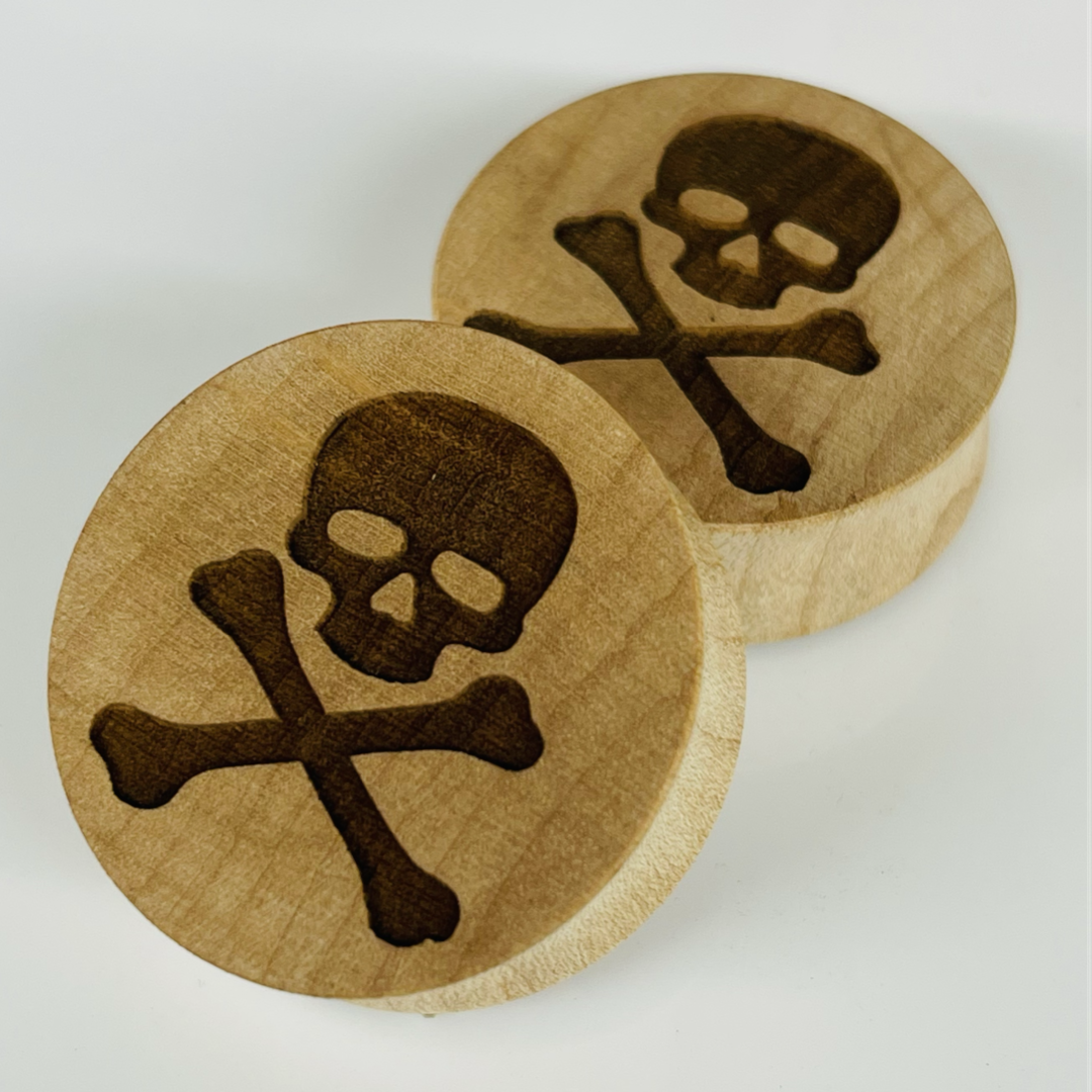 Maple Skull & Crossbones Solid Round Plugs