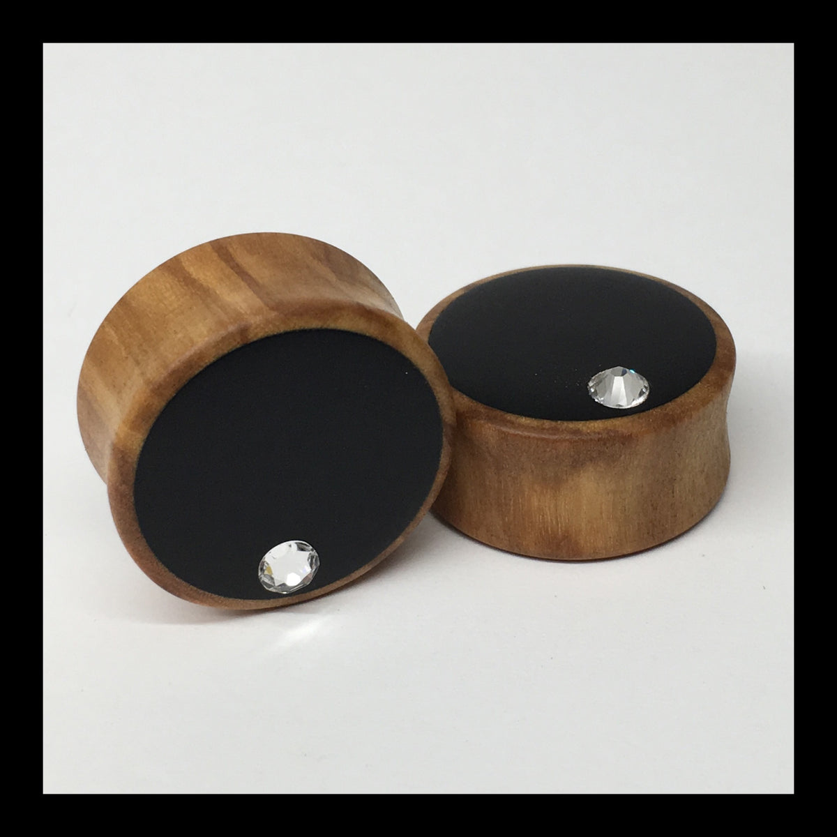 Olivewood Ebony Swarovski Offset Crystal Round Plugs