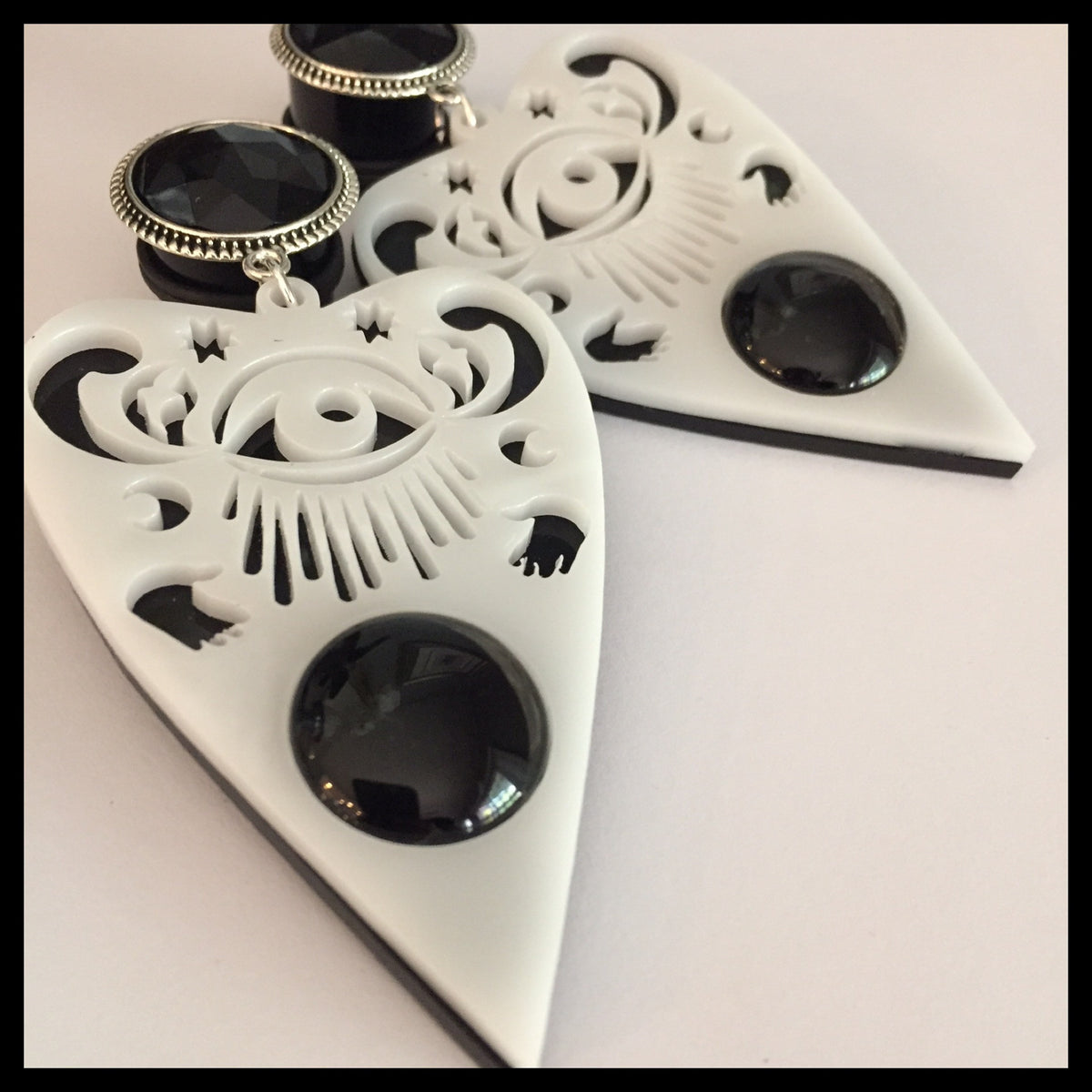 White On Black Planchette Dangle Plugs