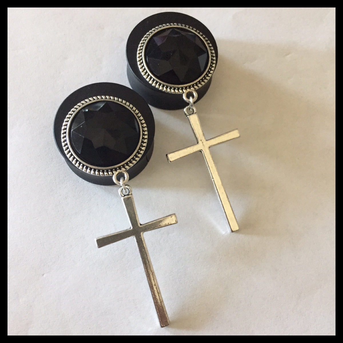 Ebony Silver Crosses Round Plugs