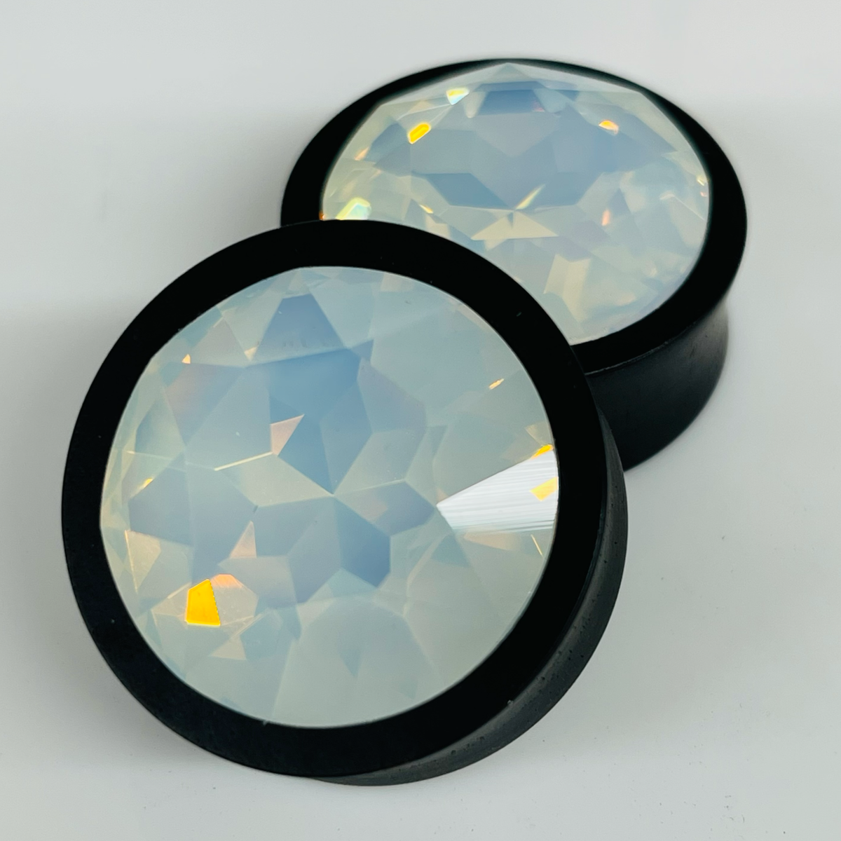 Ebony Large Swarovski White Opal Round Plugs