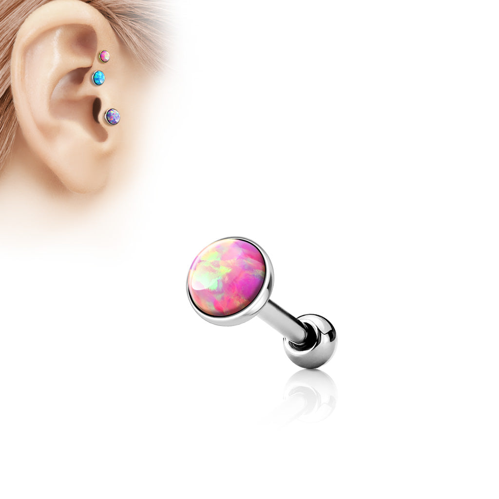 Pink  Opal  Flat Top 316L Surgical Steel Cartilage/Tragus Barbell -Steel