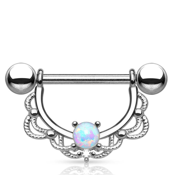 Opal Centered Filigree Drop 316L Surgical Steel Nipple Rings