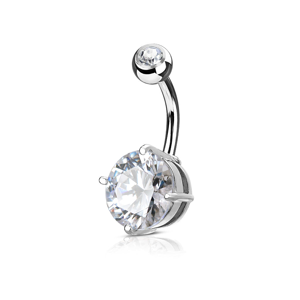 Double Gemmed Solitaire  CZ Prong Set 316L Surgical Steel Navel Ring - Clear