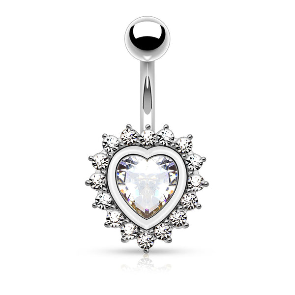 Heart Shape Paved Cz Around Large Heart Cz Navel Rings