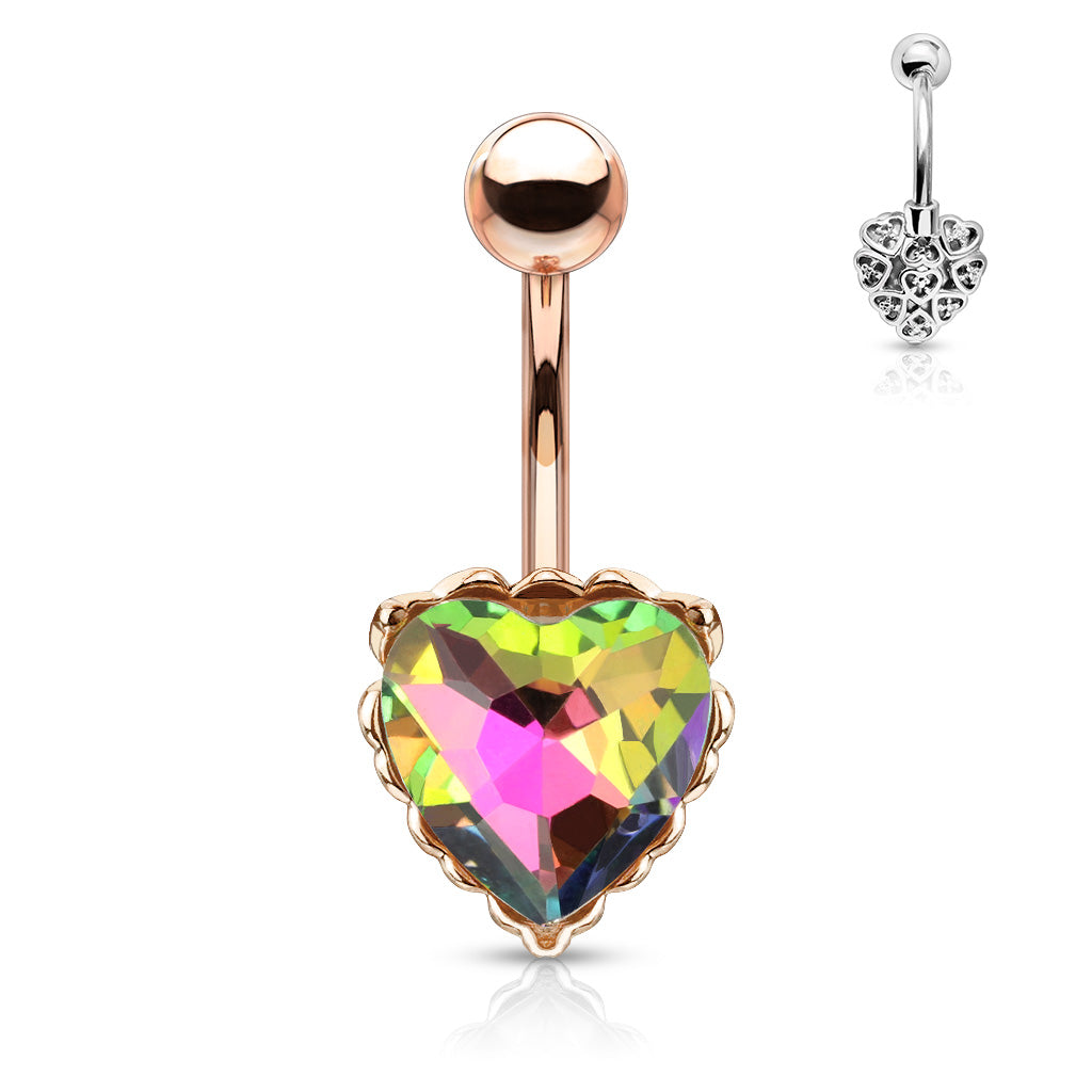 Gold/ Vitrail Heart Gem With Heart Filigree Encasing 316L Surgical Steel Belly Button Navel Rings