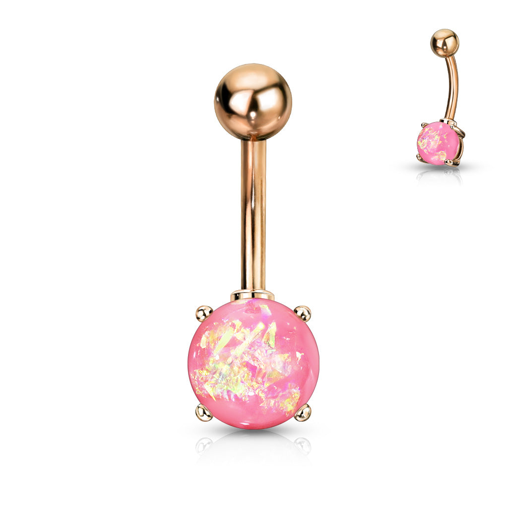Pink Opal Glitter Prong Set Rose Gold IP Over 316L Surgical Steel Belly Button Rings