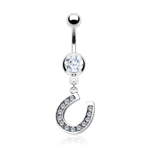 Lucky Horse Shoe Multi Gem Paved Dangle 316L Press Fit Navel