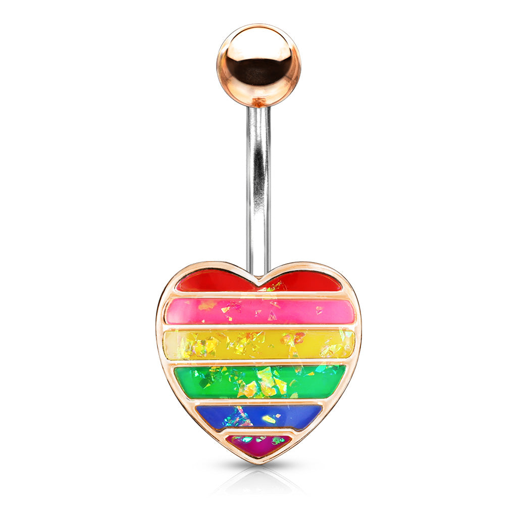 Rainbow Opal Glitter Filled Heart 316L Surgical Steel Belly Button Navel Rings