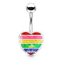 Rainbow Opal Glitter Filled Heart 316L Surgical Steel Belly Button Navel Rings
