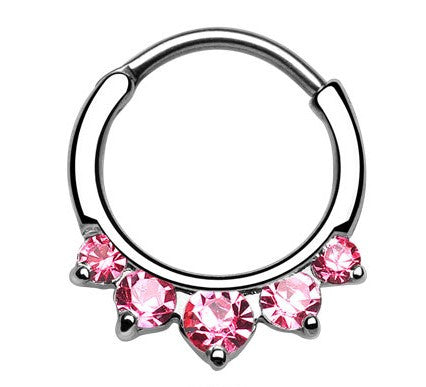 Five Paved Silver White pink Round Septum Clicker