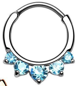 Five Paved Silver Blue Gem Round Septum Clicker