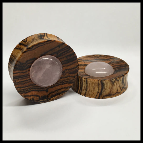 Bocote Rose Quartz Round Plugs