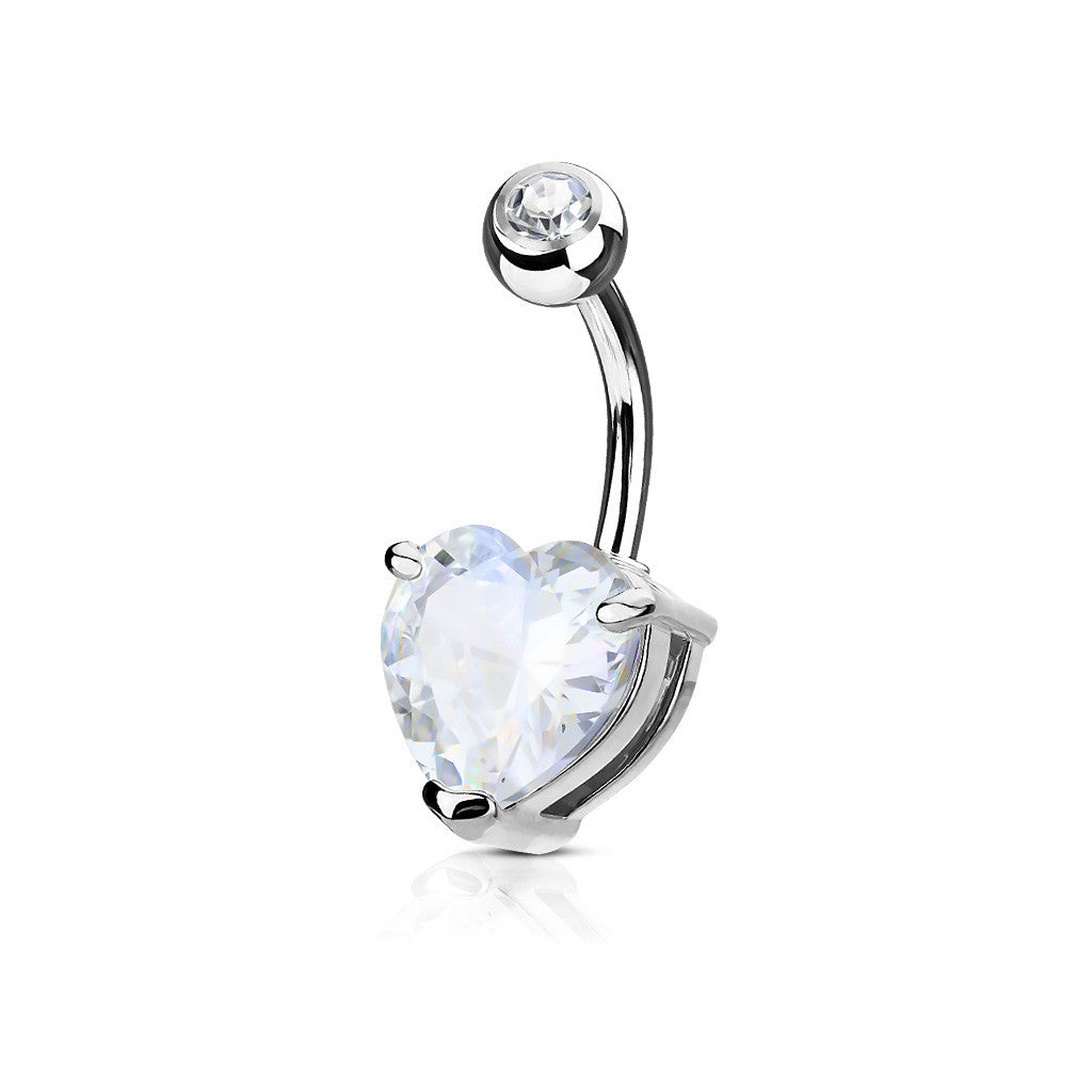 Double Gemmed Solitaire Heart Cz Prong Set 316L Surgical Steel Navel Ring - Clear