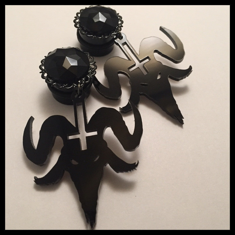 Baphomet Goat Head Inverted Cross Dangle Plugs