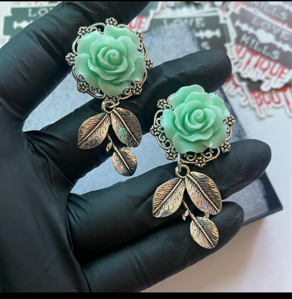 Silver Mint Rose Dangle Plug Gauges for stretched lobes 