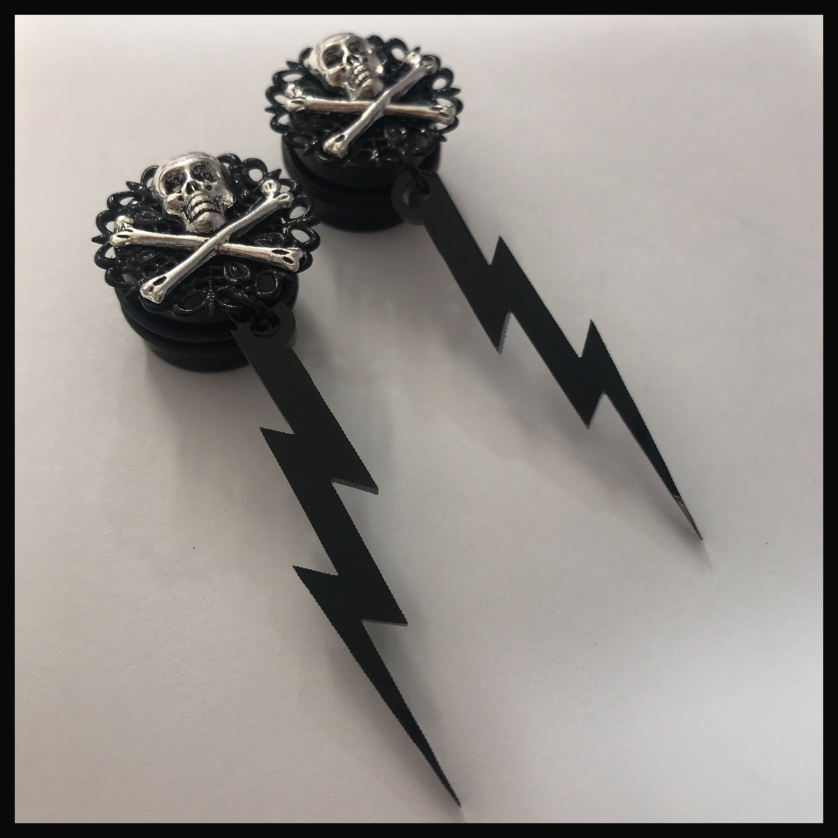 Lightning Bolt Skull And Cross Bones Dangle Plugs