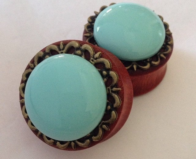 Bloodwood Teal Stone Round Plugs