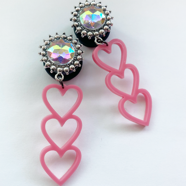 Pink Iridescent Triple Hearts Dangle Plugs