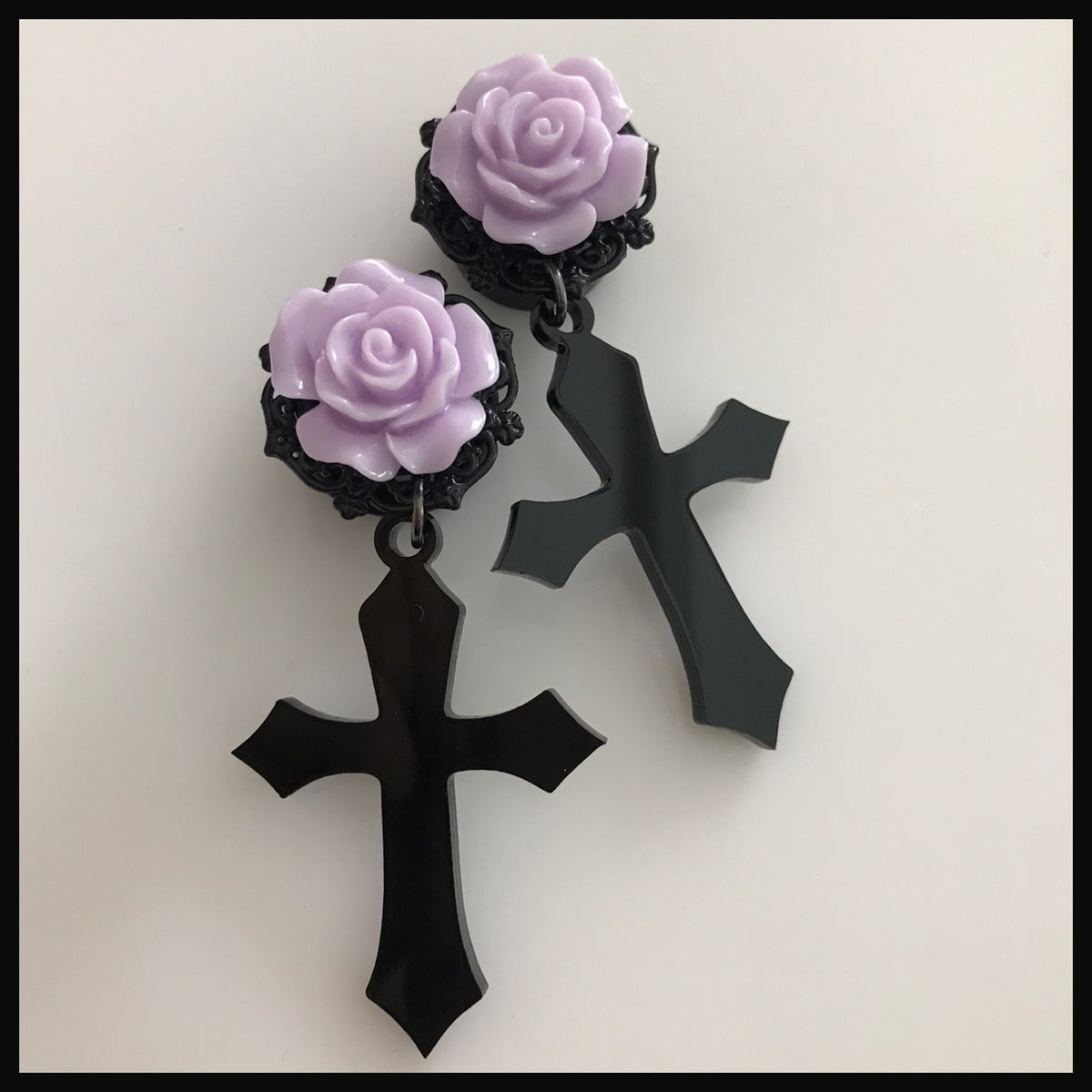 Lavender Rose Cross Dangle Plugs
