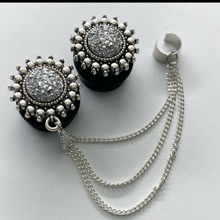 Silver Druzy Ear Cuffs Dangle Plugs