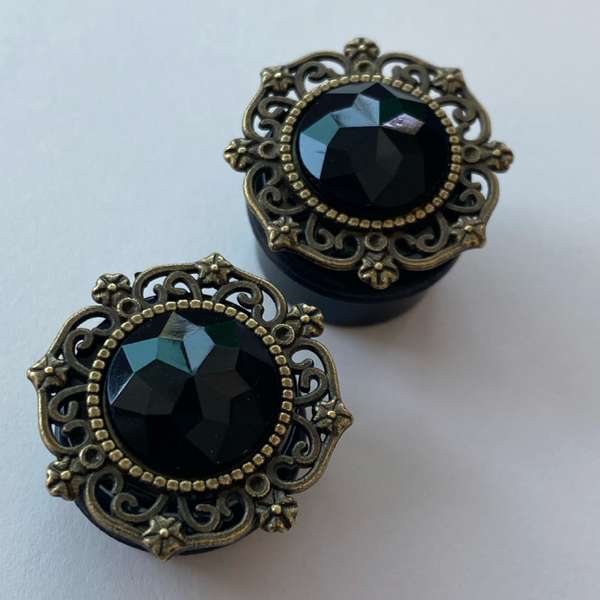 Elegant Bronze Black Gem Plug Gauges for stretched lobes. 