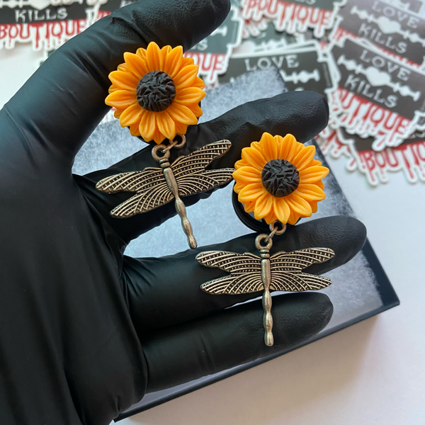 Sunflower Dragonfly Dangle Plugs Gauges for stretched lobes 