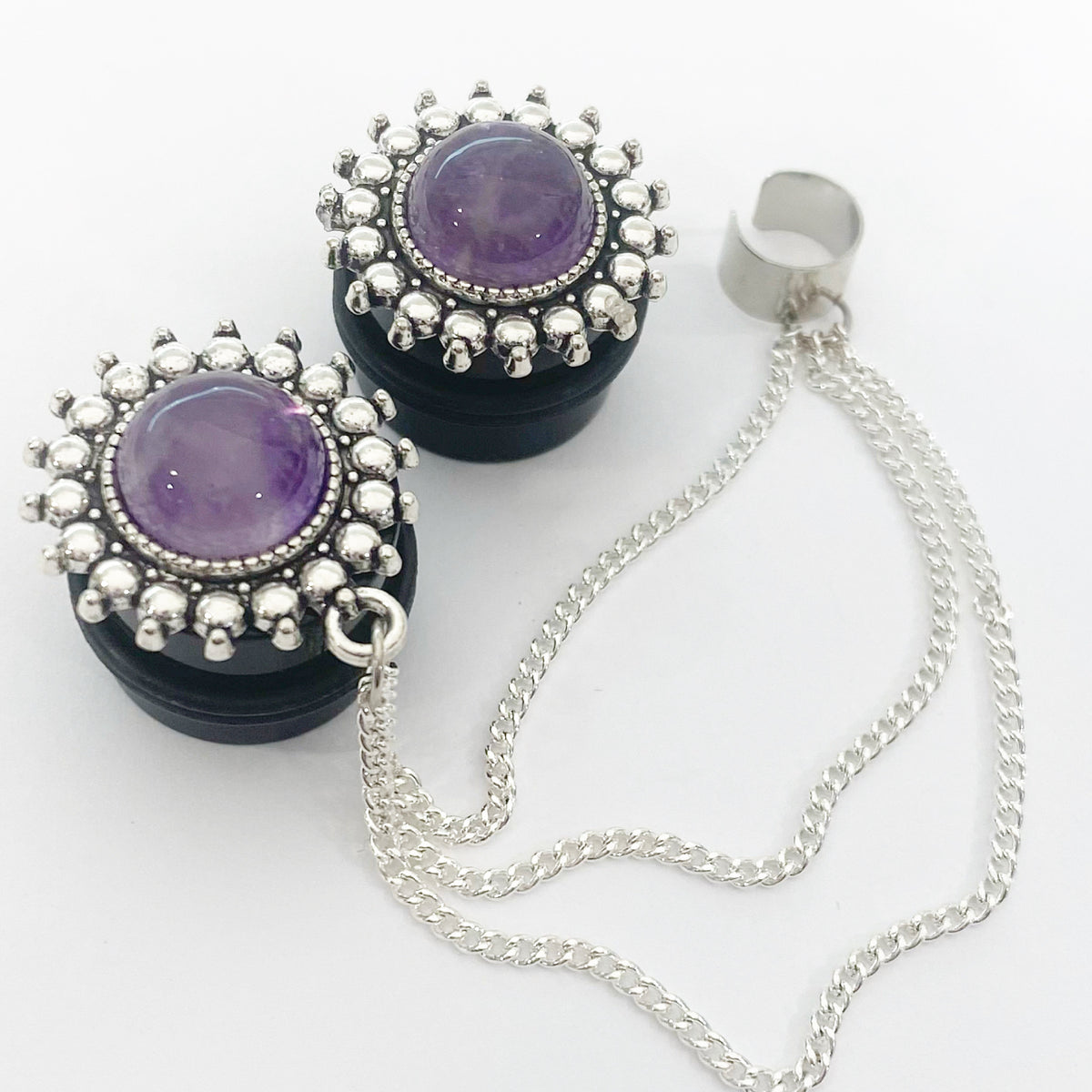 Amythyst Stone plugs gauges with ear cuff chains for stretched lobes  