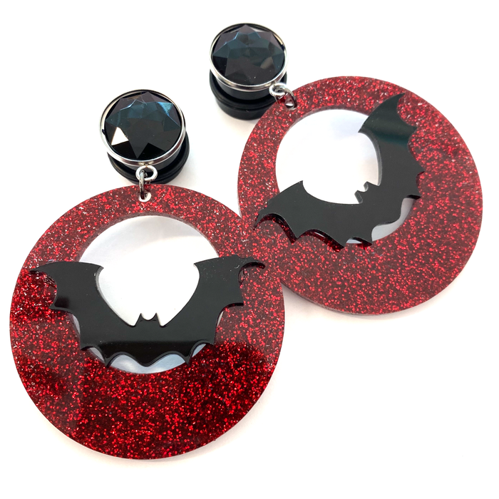 Red Glitter Bat Hoops Dangle Plugs